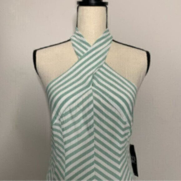 NWT New York & Company Sea Green & White Striped Halter Long Maxi Dress - Picture 9 of 14